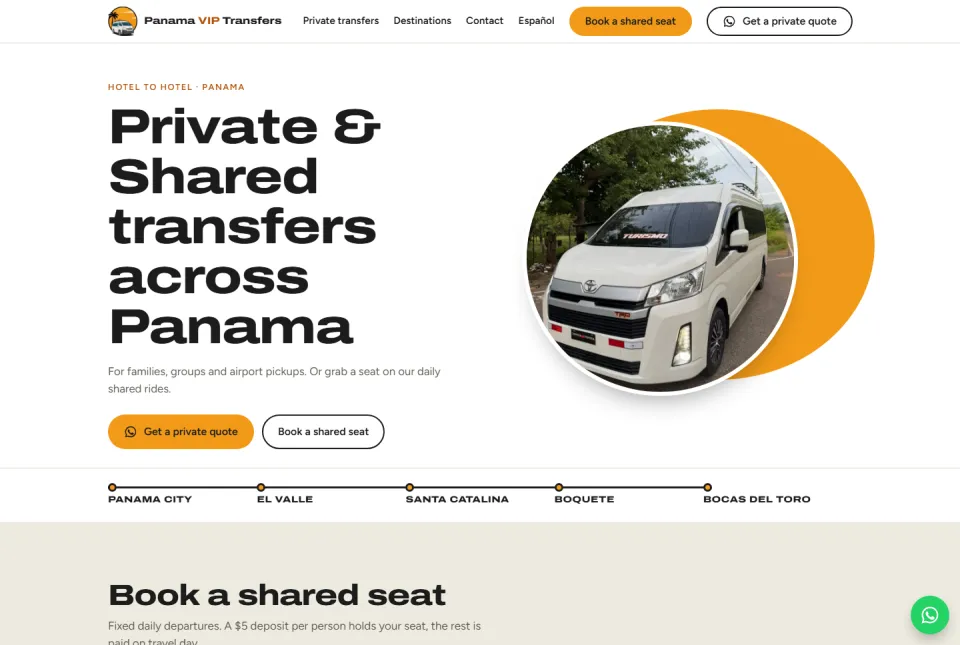 Página web de Panama VIP Transfers, diseñada por Jalpro